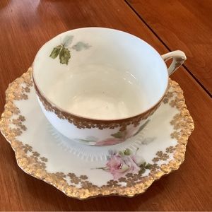 Silesia fine bone china teacup saucer. White gold with pink rose